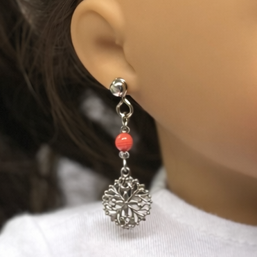 Dark Orange Bead with Silver Filigree Dangle Doll Earring DANGLE ONLY fits 2mm post for 18 Inch Fashion Dolls
