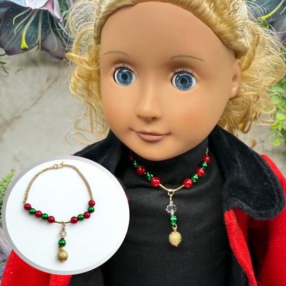 Green & Pinkish Red Pearly Bead Gold Chain Christmas Doll Necklace • 18 Inch Fashion Doll Jewelry