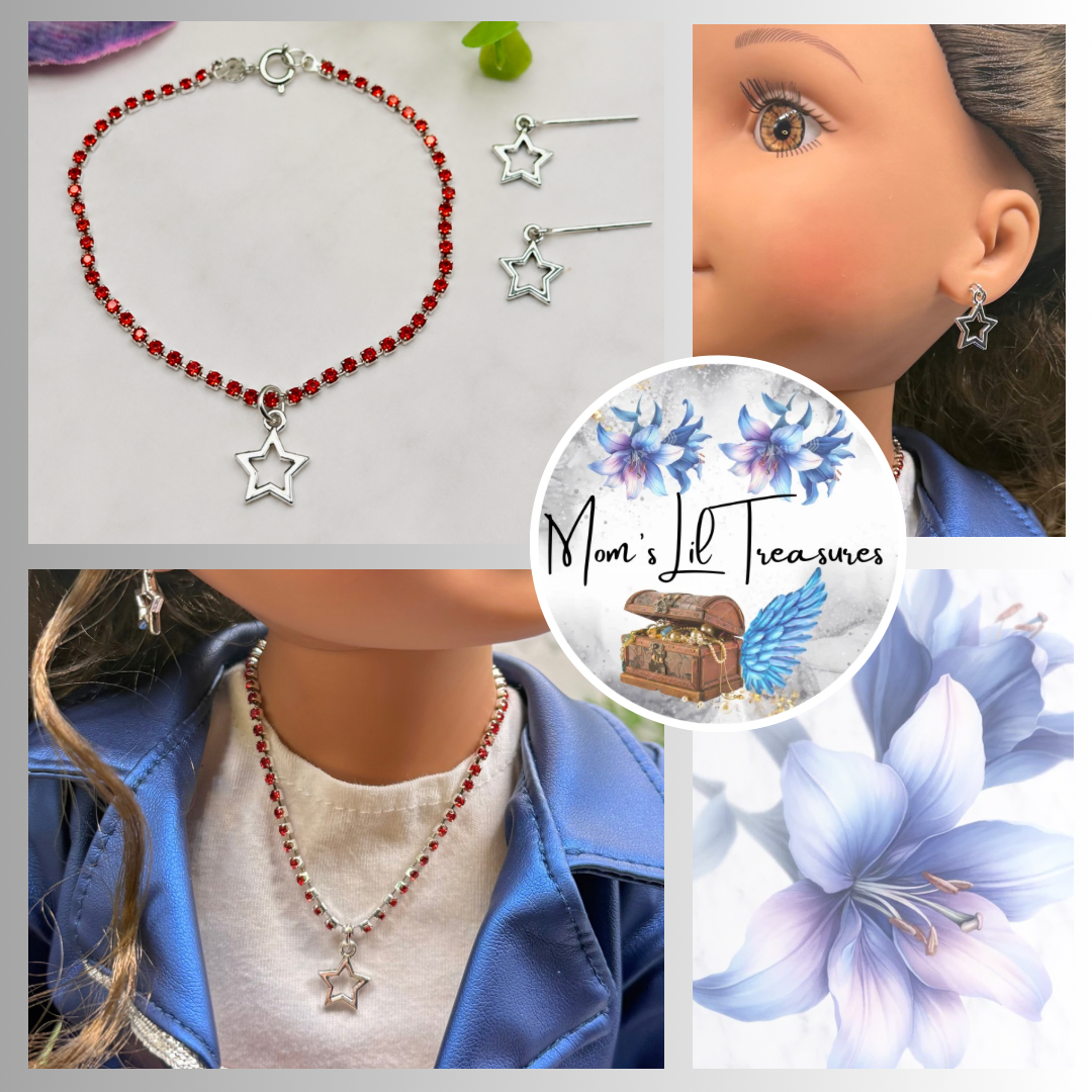 Red Rhinestone Silver Star Charm Doll Necklace & Earrings Set for 18 Inch Fashion Doll