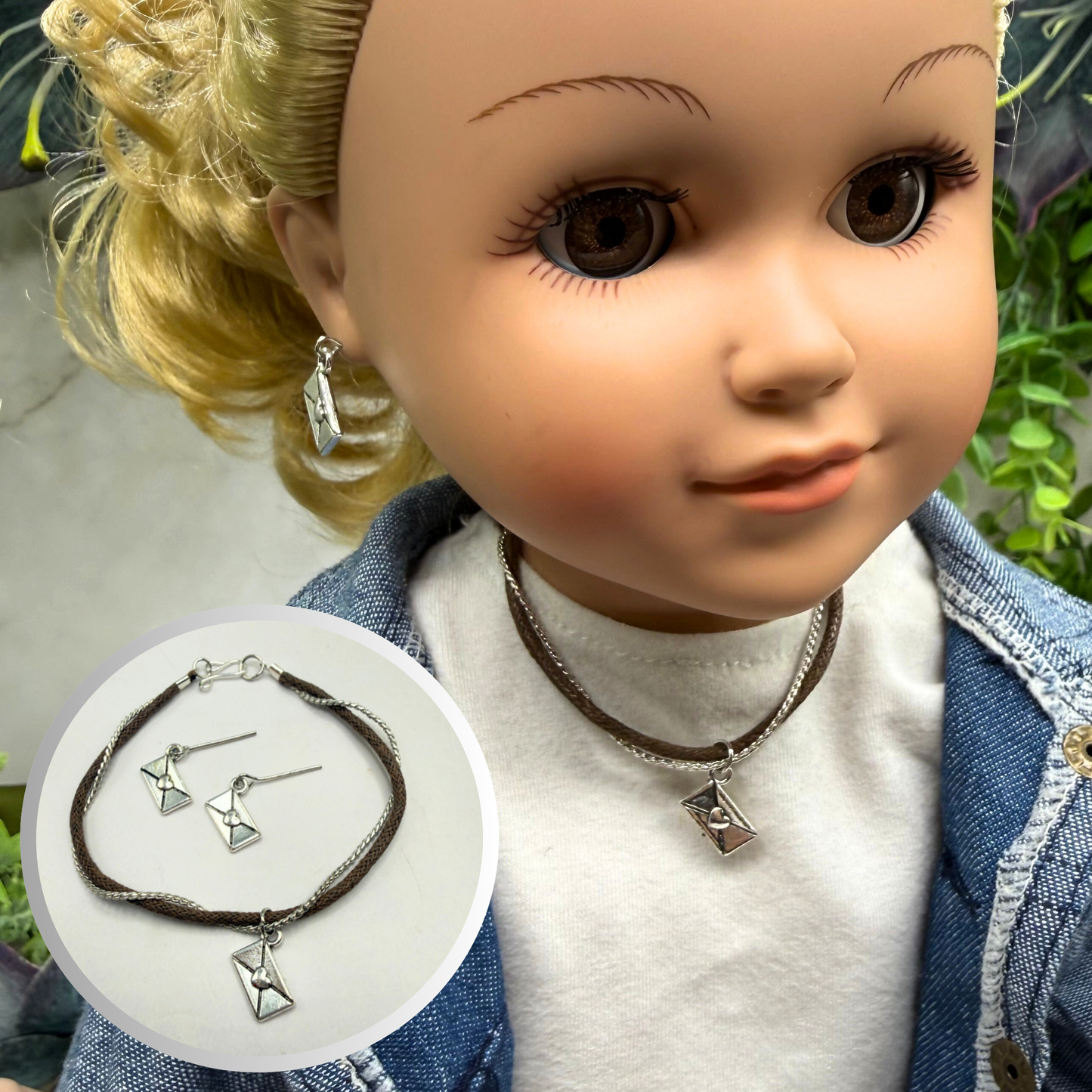 Brown Cord Silver Chain Love Letter Envelope Charm Doll Necklace & Earrings • 18 Inch Fashion Doll Jewelry