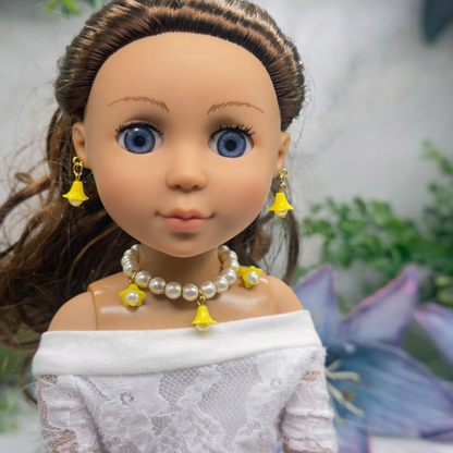Light Yellow Bell Flower Dangle Pearl Beaded Doll Necklace & Earring • 14 Inch Fashion Doll Jewelry