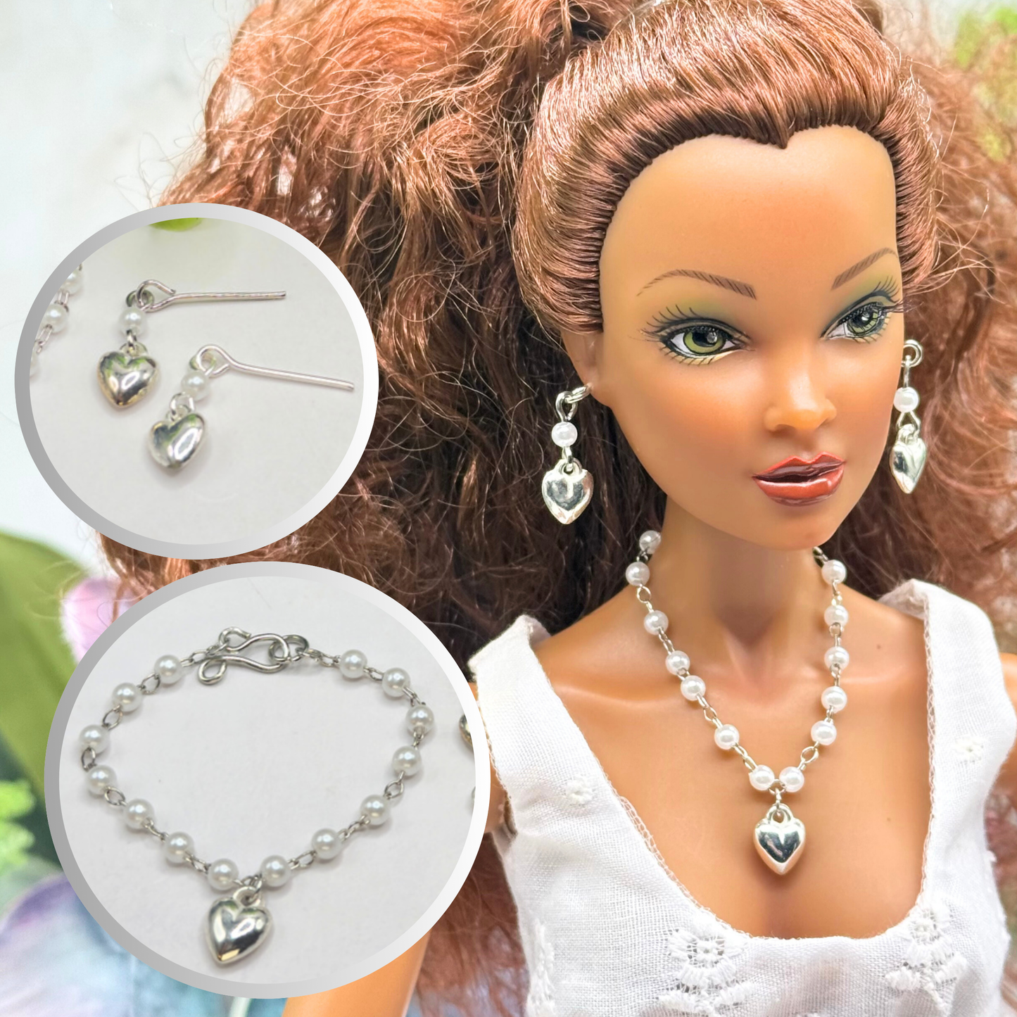 Pearl Beaded Silver Heart Charm Doll Necklace & Earrings • 16 Inch Fashion Doll Jewelry