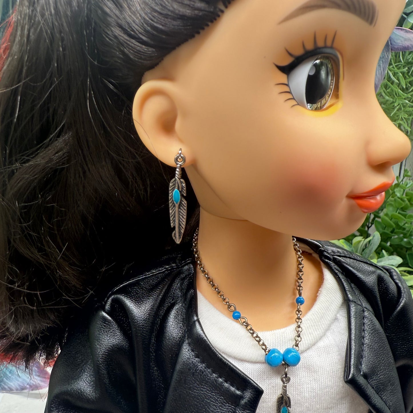 Turquoise Blue Silver Feather Dangle Charm Doll Necklace & Earrings • 18 Inch Fashion Doll Jewelry