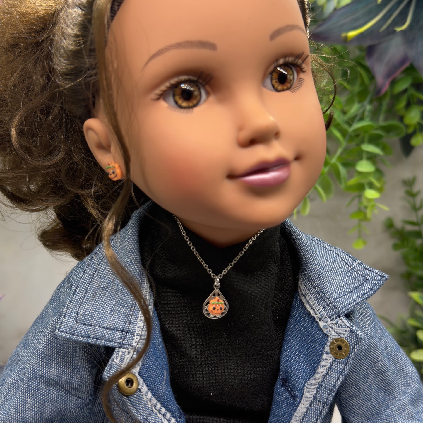 Pumpkin Halloween Pendant Silver Doll Necklace and Post Earrings • 18 Inch Fashion Doll Jewelry