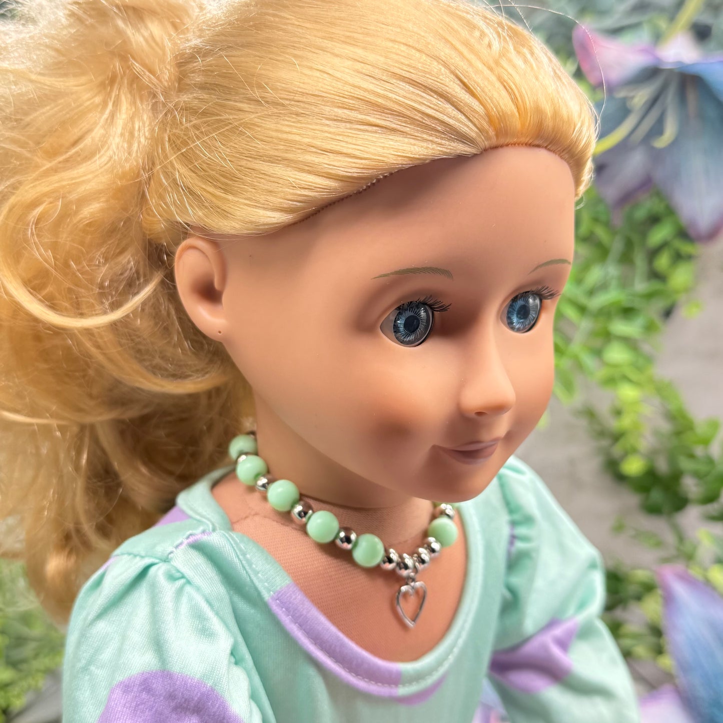 Light Green Acrylic & Silver Beaded Open Heart Charm Doll Necklace • 18 Inch Fashion Doll Jewelry