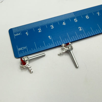 Red Rhinestone Heart Silver Key Post Doll Earrings • 2mm Post for 18 Inch Fashion Doll