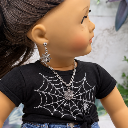 Halloween Silver Spider Web Necklace and 2mm Post Earrings Set | for 18 Inch Dolls • American Girl