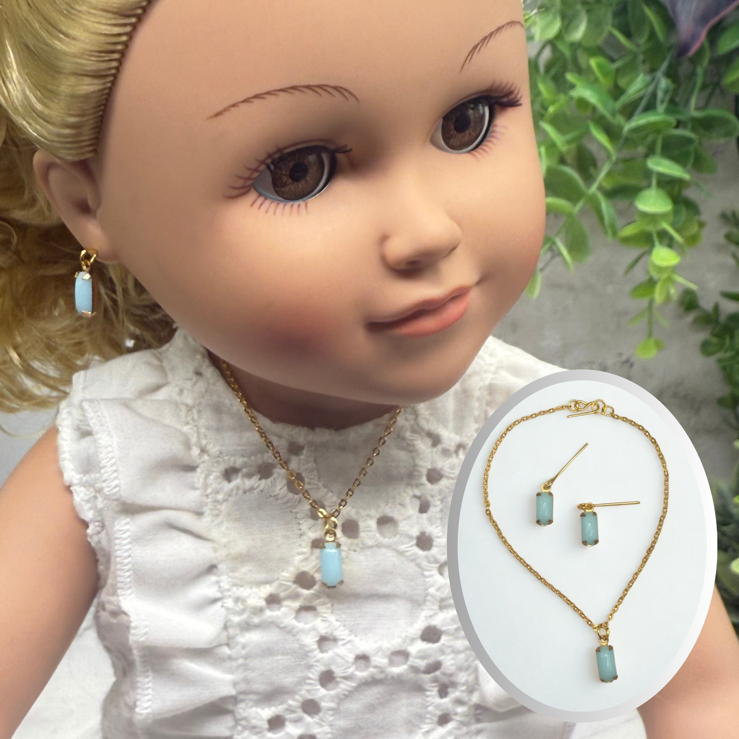 Blue Glass Rectangular Dangle Gold Chain Doll Necklace Earrings Set • 18 Inch Fashion Doll Jewelry