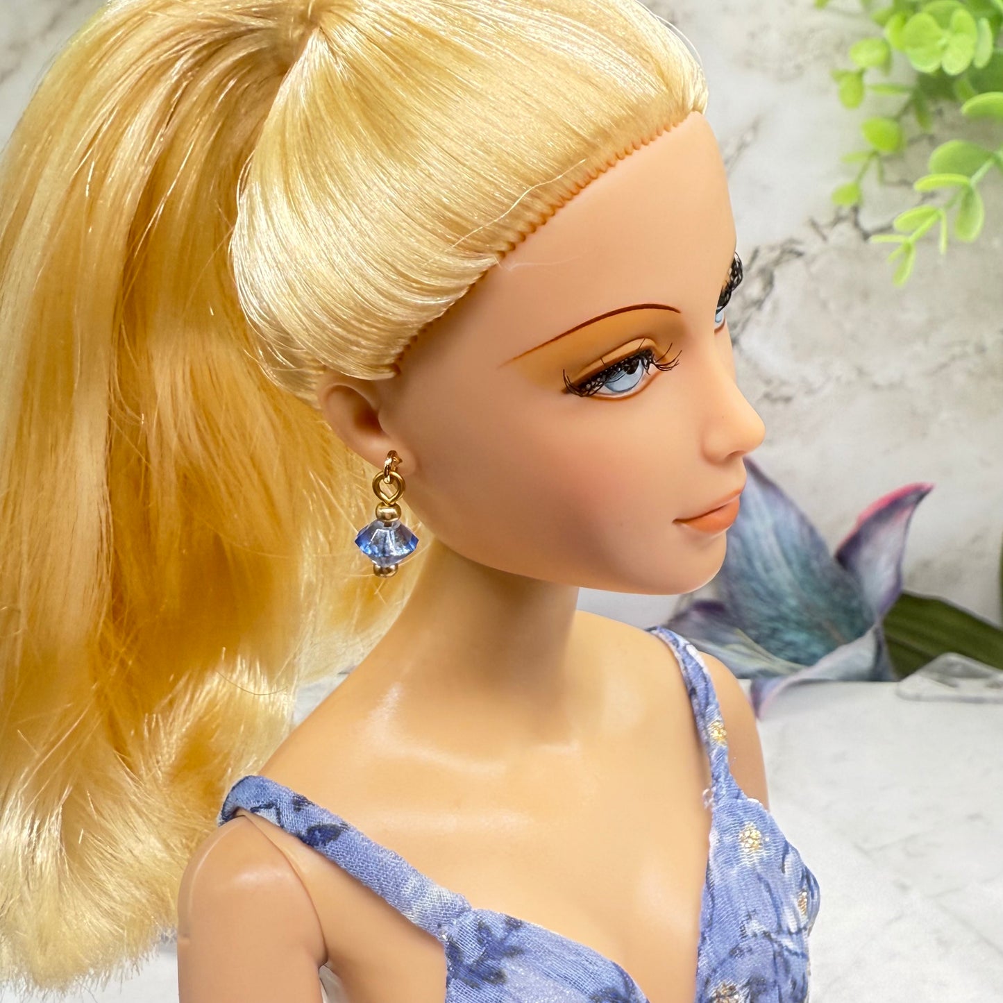 Blue Glass Crystal & Gold Dangle Doll Earrings • 16 Inch Fashion Doll Jewelry