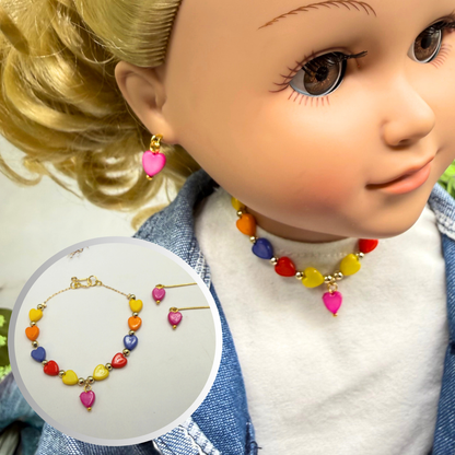Rainbow Multi Color Heart Beaded Doll Necklace & Earrings Set • 18 Inch Fashion Doll Jewelry