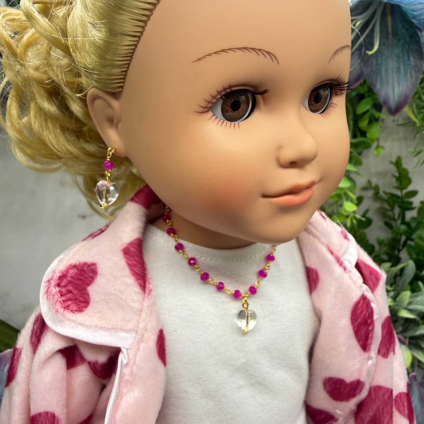 Fuchsia Pink Glass Crystal Bead Chain Clear Heart Charm Doll Necklace & Earrings • 18 Inch Fashion Doll Jewelry