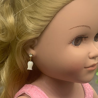 Pearly Tulip Shape Dangle Rhinestone Post Doll Earrings • 18” Doll Jewelry