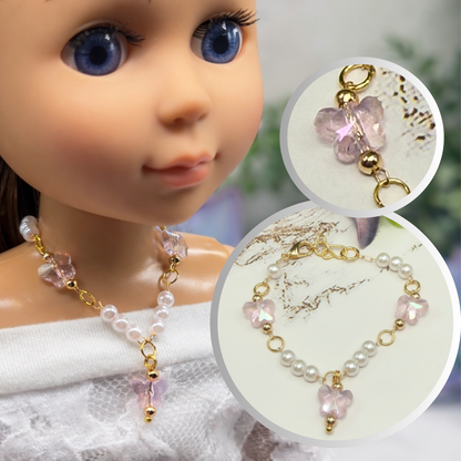 Light Pink Crystal Butterfly & Pearl Beaded Doll Necklace • 14 Inch Fashion Doll Jewelry