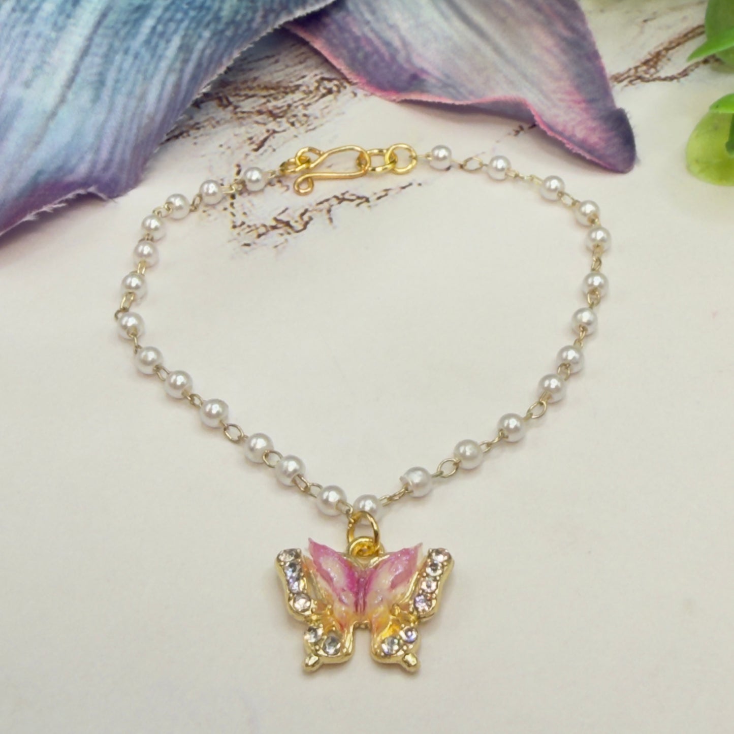 Purple White Butterfly Gold Charm Pearl Beaded Doll Necklace • 18 Inch Fashion Doll Jewelry