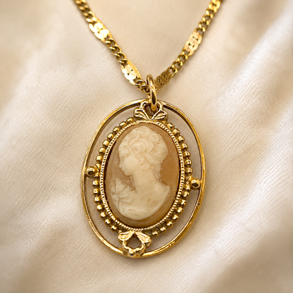 Tan Brown Cameo Gold Tone Doll Necklace • 18 Inch Doll Jewelry