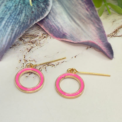 Vibrant Pink Enamel Inlay Gold Hoop Circle Dangle Doll Earrings • 18 Inch Fashion Doll Jewelry