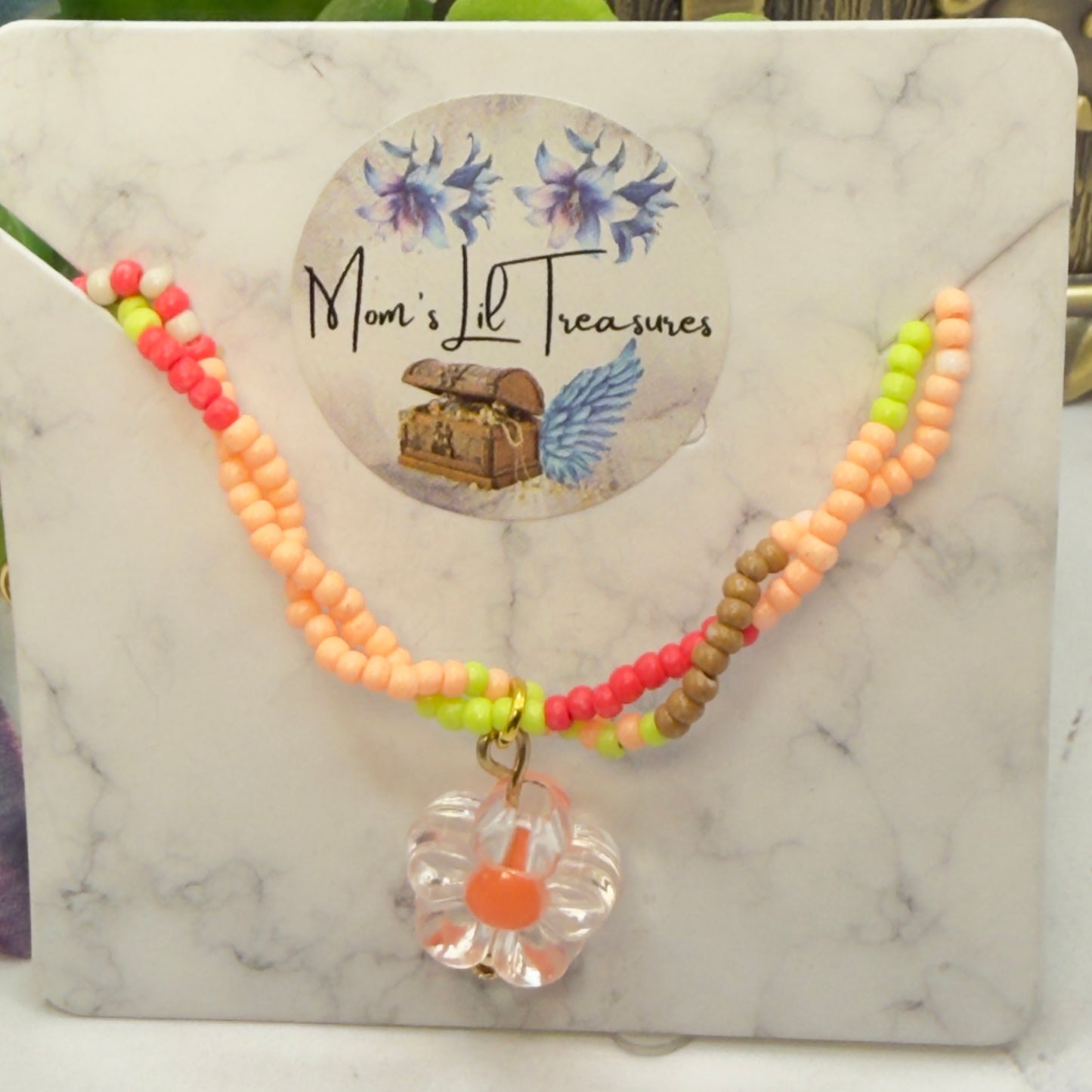 Clear Flower Charm Pink Green Coral Brown Beaded Doll Necklace • 14 Inch Fashion Doll Jewelry
