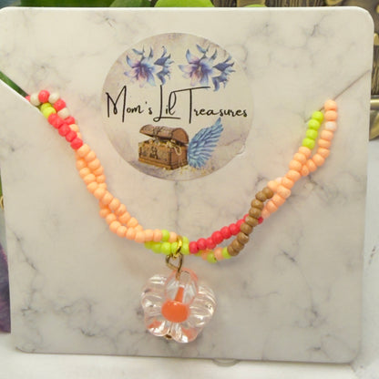 Clear Flower Charm Pink Green Coral Brown Beaded Doll Necklace • 14 Inch Fashion Doll Jewelry