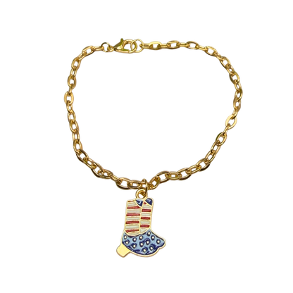 Red White Blue Flag Cowboy Boots Charm Gold Chain Doll Necklace for 18 Inch Fashion Doll