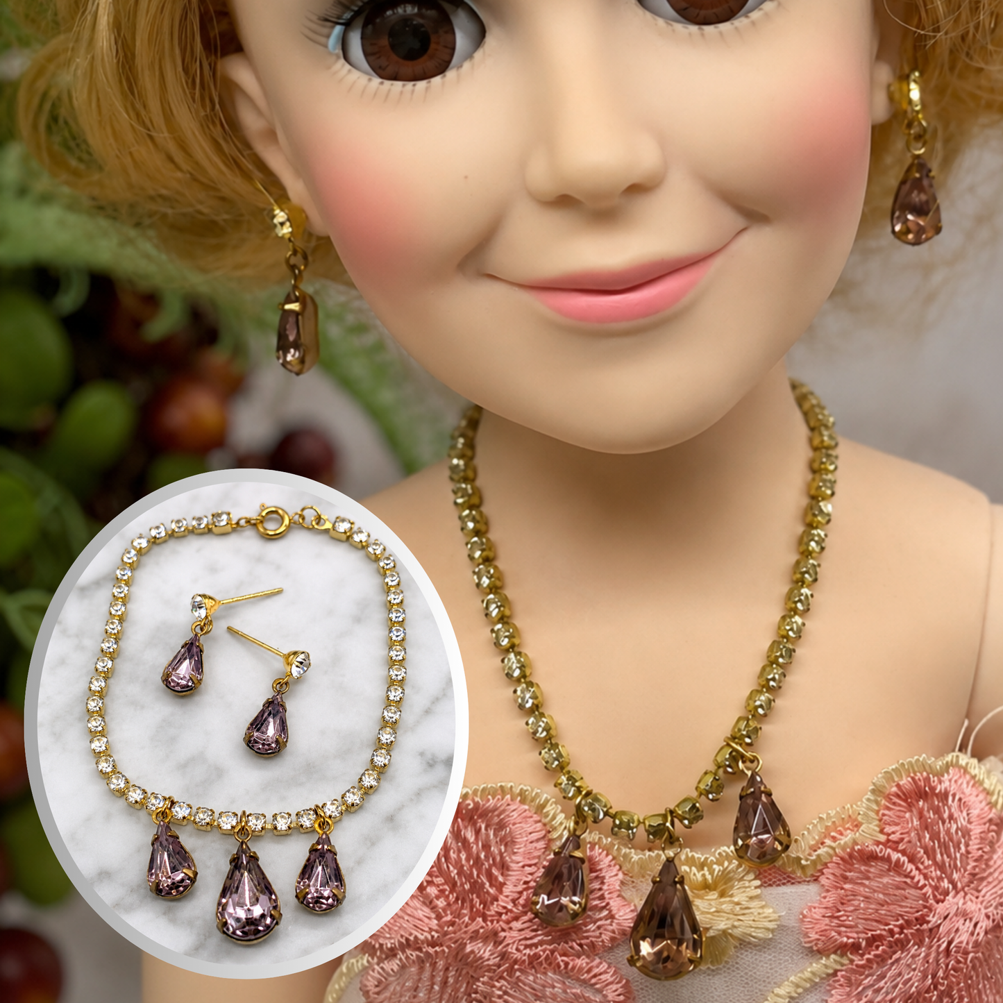 Teardrop Rhinestone Gold Doll Necklace Earrings Set 18-22” Vintage Doll Jewelry