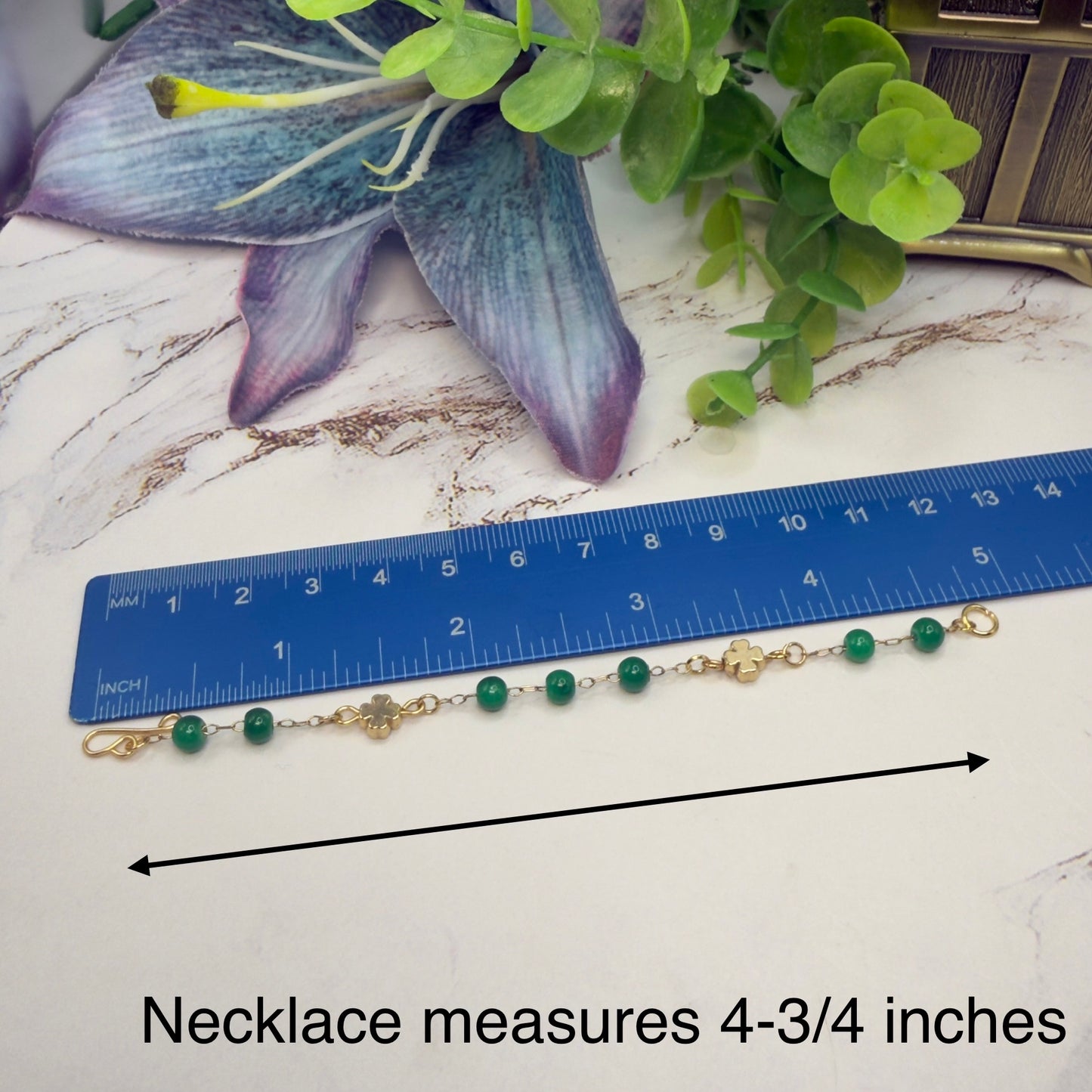 Green Beaded Gold Four- Leaf Clover Charms Doll Necklace & Earrings • 14 Inch Fashion Doll Jewelry