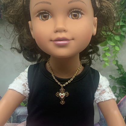 White Enamel Pink Rose Heart Design Gold Filigree Cross Pendant Doll Necklace • 18” Doll Jewelry
