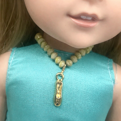 Green Glass Bead Gold Ballerina Slipper Charm Doll Necklace • 14” Fashion Doll Jewelry