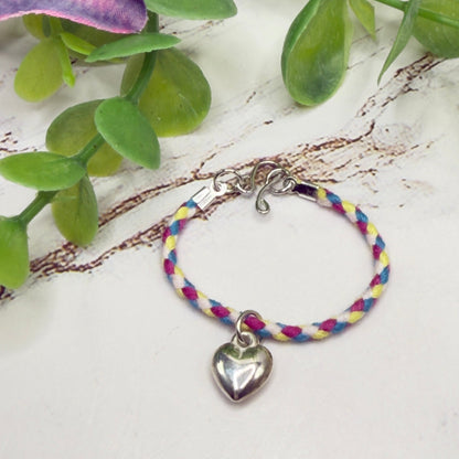 Braided Purple Blue Yellow Fabric Doll Necklace Silver Heart Charm • 14 Inch Fashion Doll Jewelry