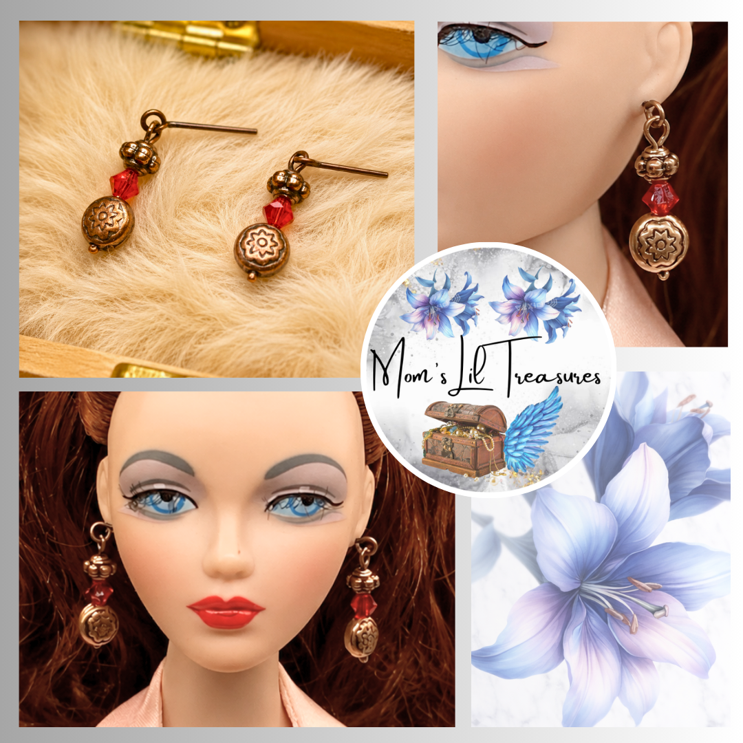 Red Glass Round Copper Dangle Doll Earrings • 16 Inch Fashion Doll Jewelry