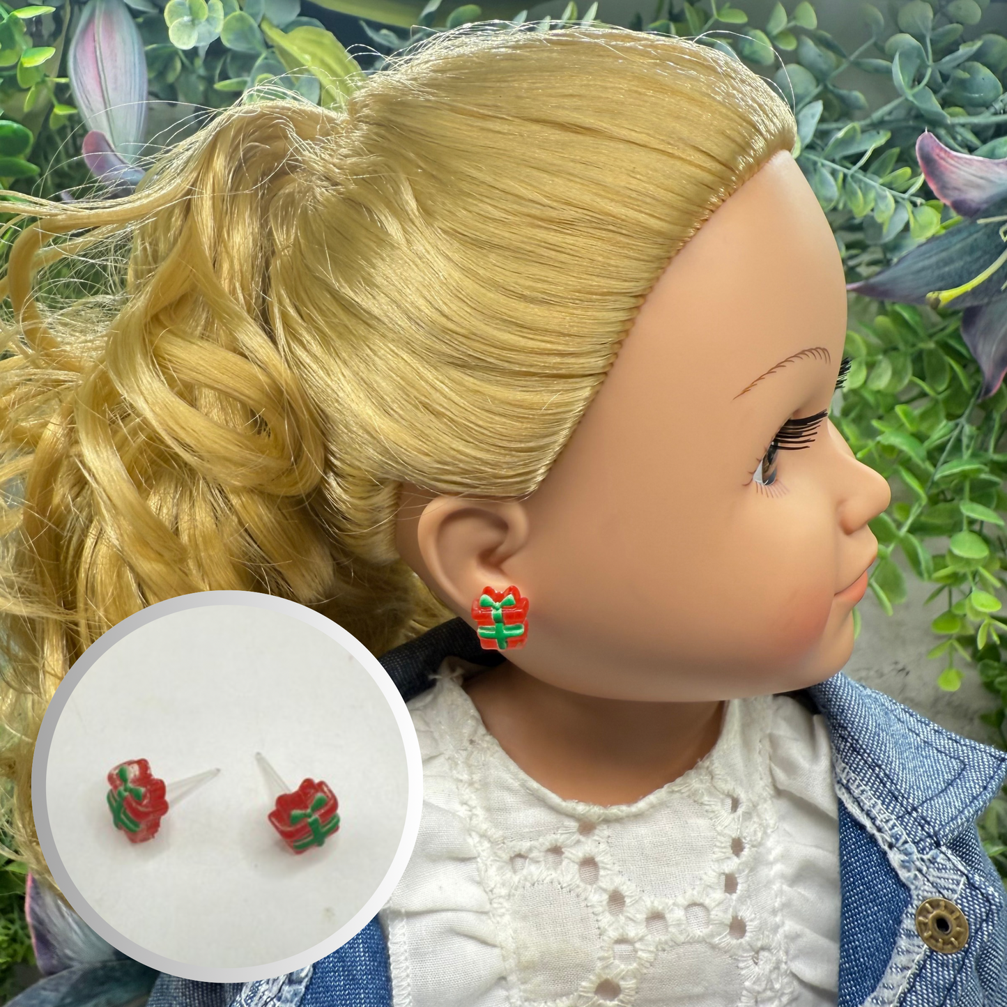 Red Green Christmas Present Gift Silicone Post Doll Earrings • 18 Inch Fashion Doll Jewelry