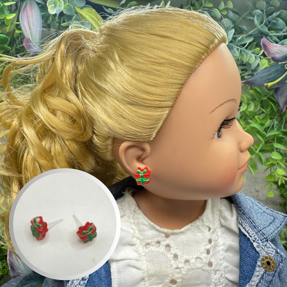 Red Green Christmas Present Gift Silicone Post Doll Earrings • 18 Inch Fashion Doll Jewelry