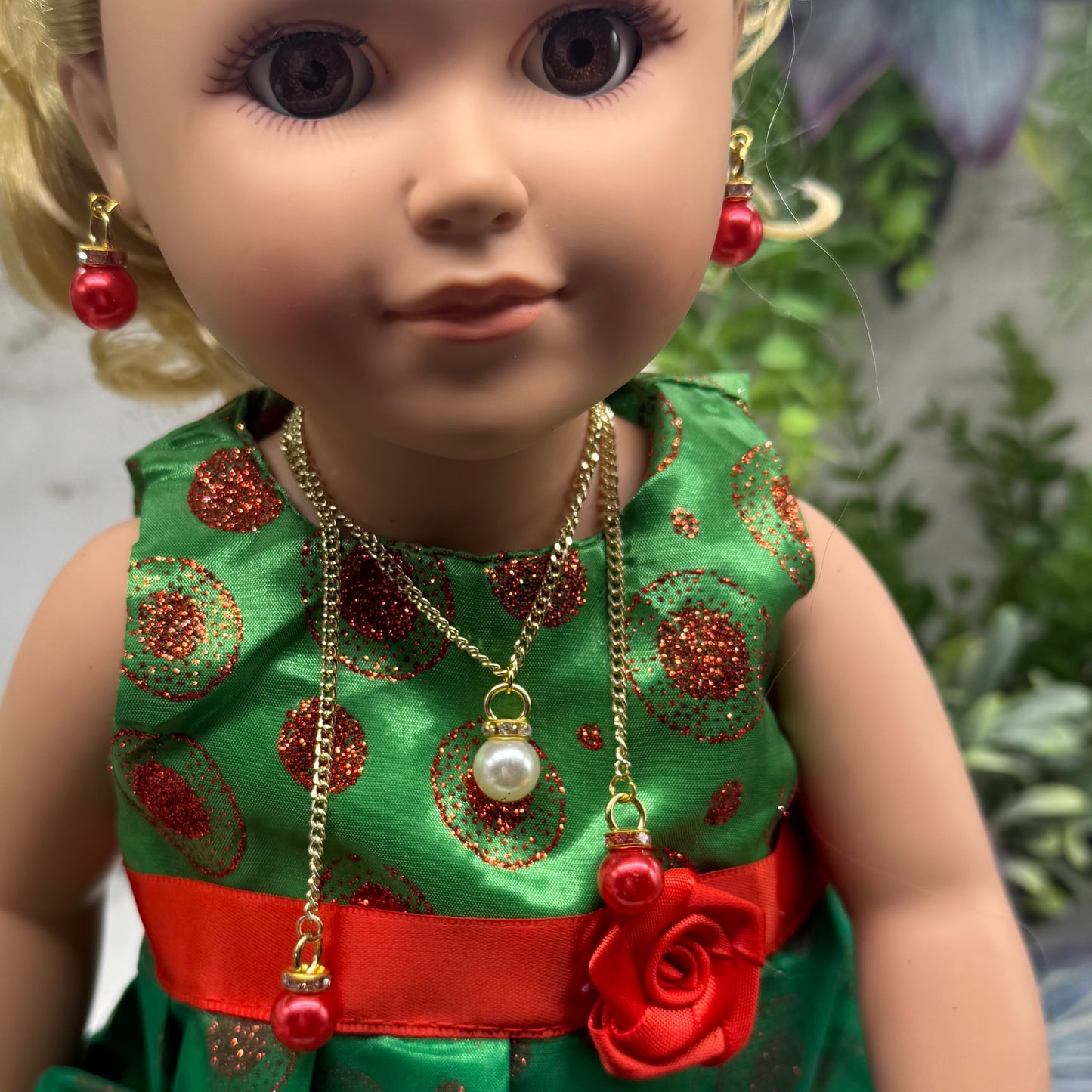 Red Pearl Christmas Ornament Layer Doll Necklace & Earrings • 18 Inch Fashion Doll Jewelry