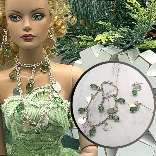 Green Clear Acrylic Crystal Silver Doll Necklace Earring Set • 16” Doll Jewelry