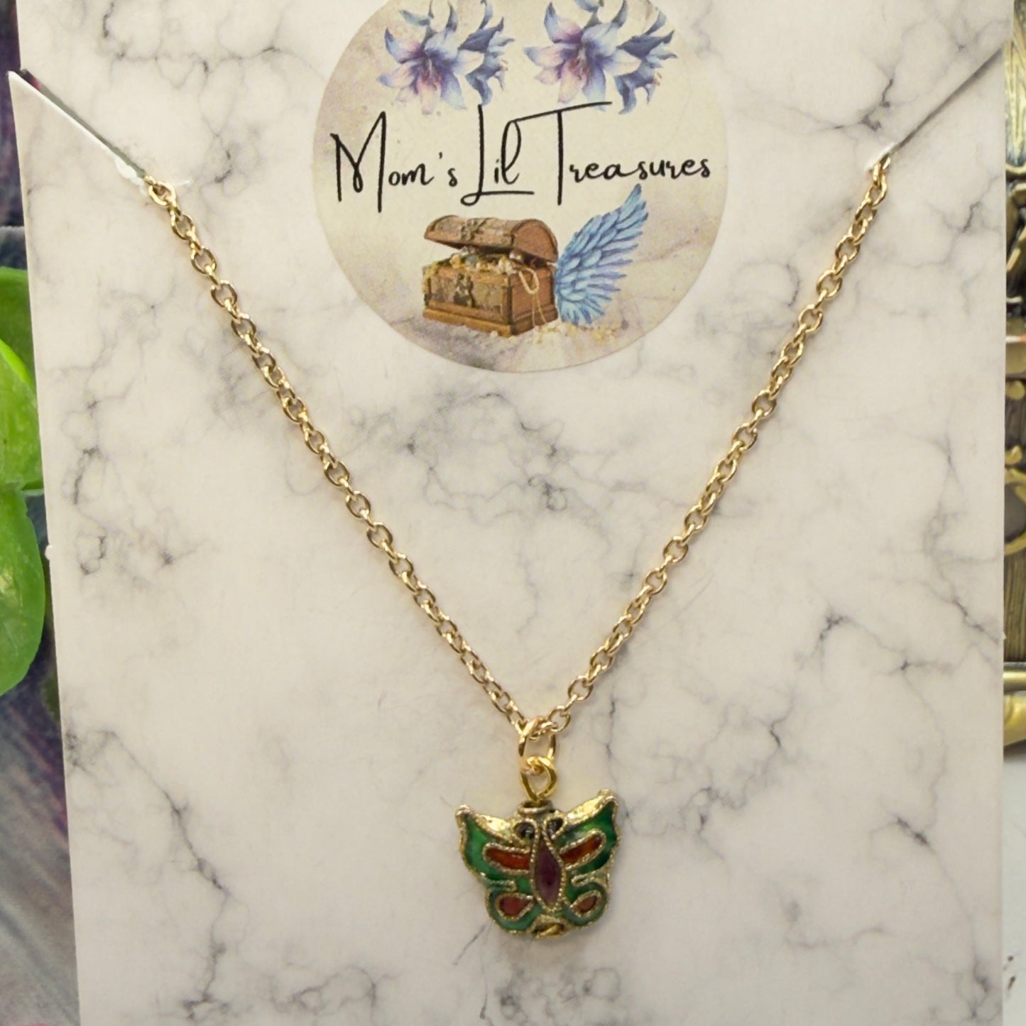 Green Multi Color Enamel Detail Butterfly Charm Gold Doll Necklace • 18 Inch Fashion Doll Jewelry