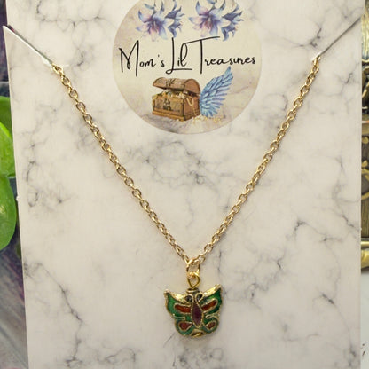 Green Multi Color Enamel Detail Butterfly Charm Gold Doll Necklace • 18 Inch Fashion Doll Jewelry