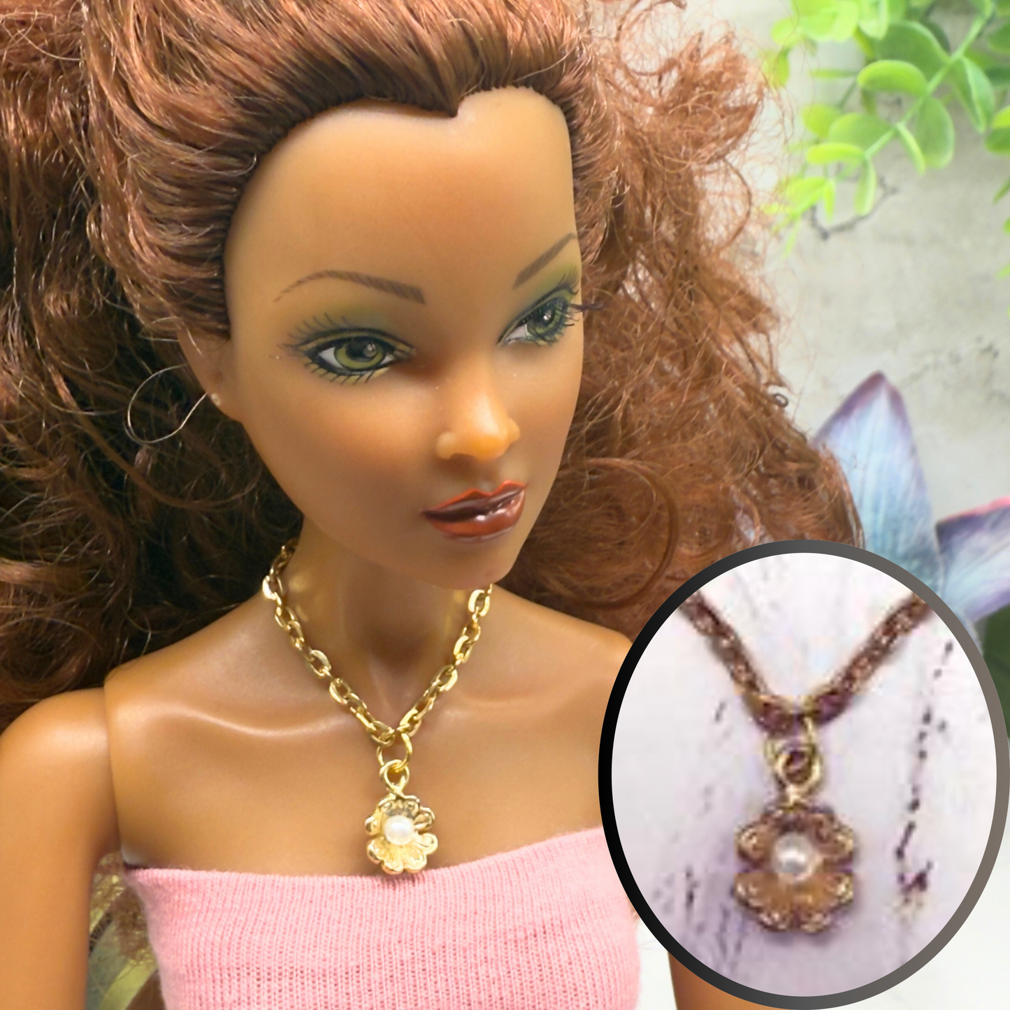 Flower Pearl Accent Pendant Gold Doll Necklace • 16 Inch Fashion Doll Jewelry