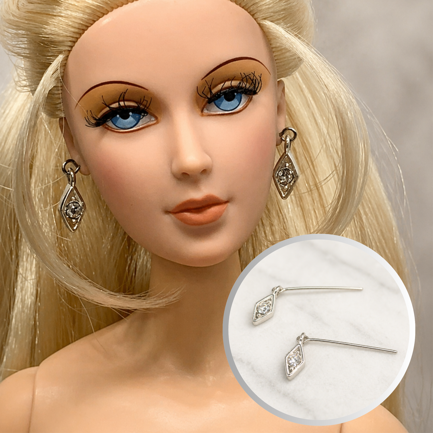 Silver Diamond Shaped Rhinestone Dangle Doll Earrings • 16” Fashion Doll Jewelry