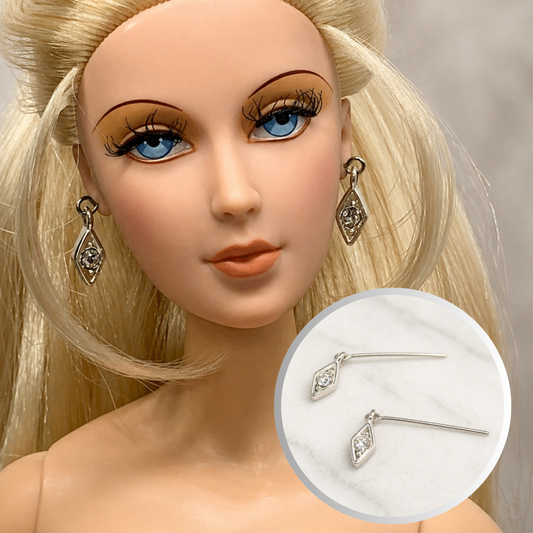 Silver Diamond Shaped Rhinestone Dangle Doll Earrings • 16” Fashion Doll Jewelry
