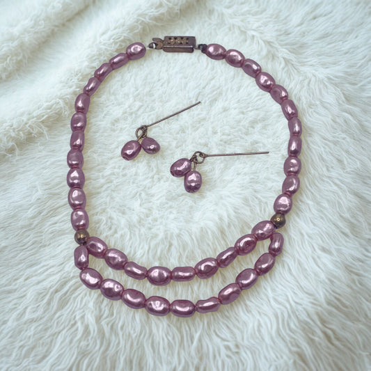 Light Purple Pearl Doll Necklace Earring Set • 18-22 Inch Vintage Doll Jewelry