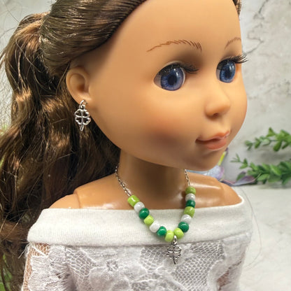 Green White Beaded Silver Four-Leaf Clover Shamrock Charm Doll Necklace & Earrings • 14 Inch Fashion Doll Jewelry
