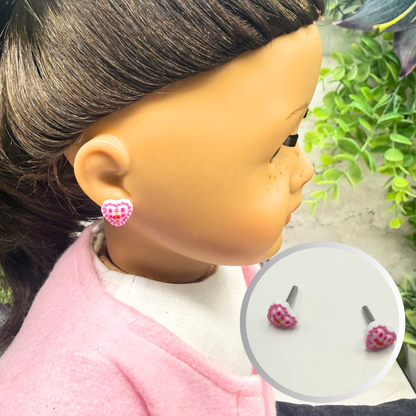 Pink Lattice Design Heart Post Doll Earrings • 2mm Post for 18 Inch Fashion Doll