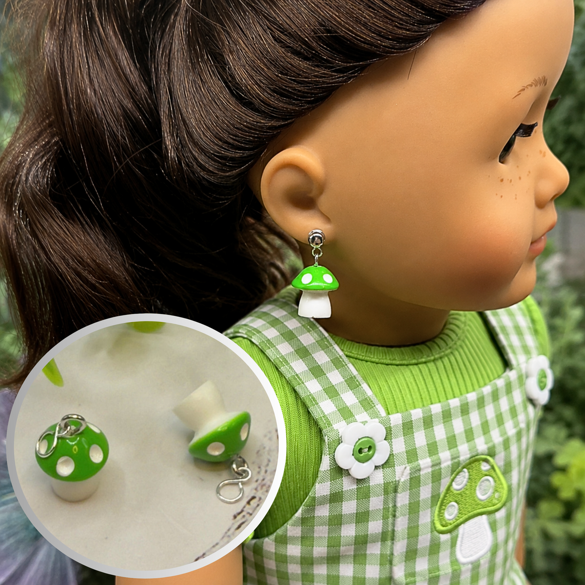 Green White Mushroom  Doll Earring DANGLE ONLY • 18” Fashion Doll Jewelry
