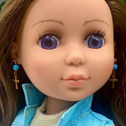 Turquoise Blue Glass Gold Cross Dangle Doll Earrings · 14” Fashion Doll Jewelry