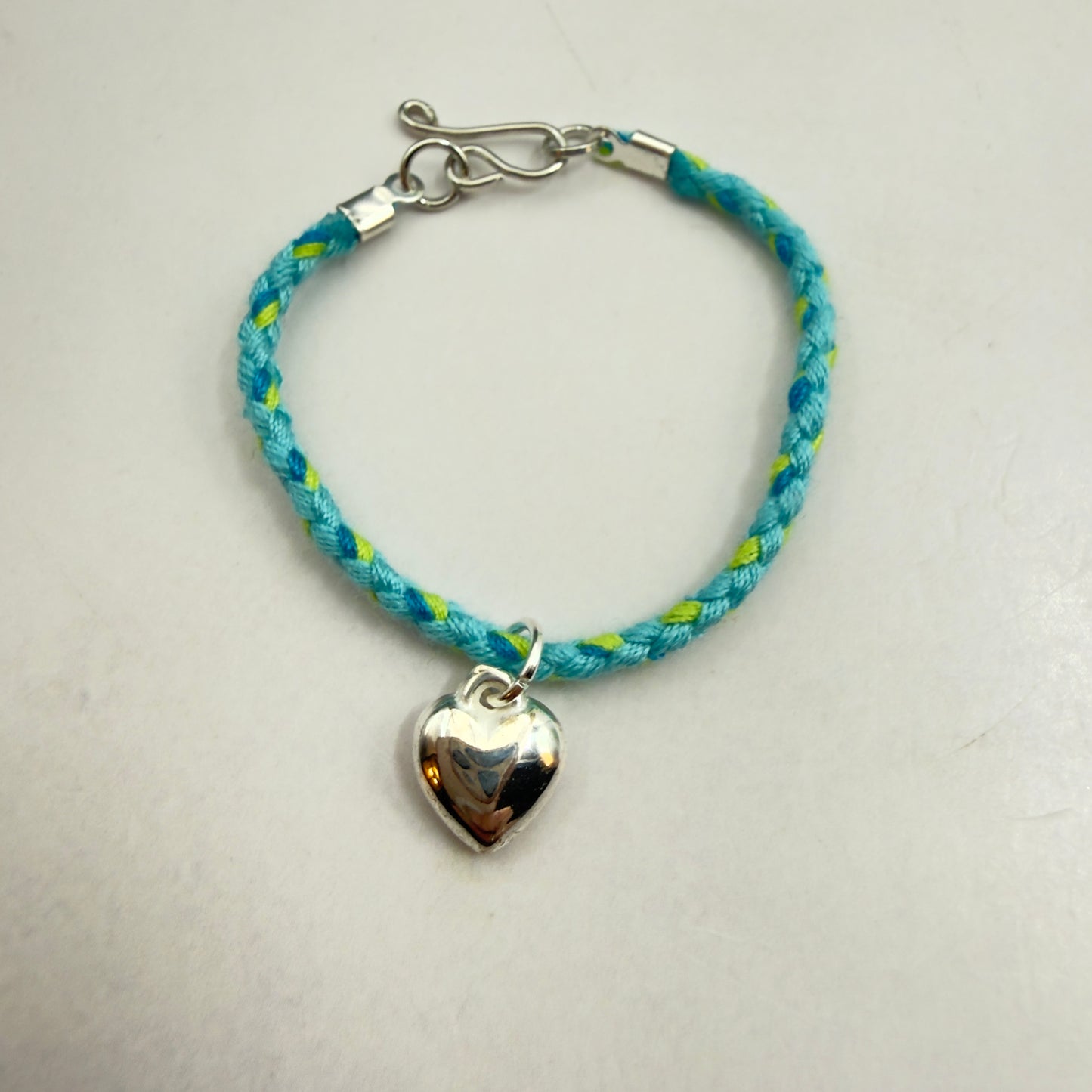 Turquoise Blue Green Braided Thread Doll Necklace w/ Silver Heart Charm • 14 Inch Fashion Doll Jewelry