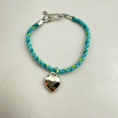 Turquoise Blue Green Braided Thread Doll Necklace w/ Silver Heart Charm • 14 Inch Fashion Doll Jewelry