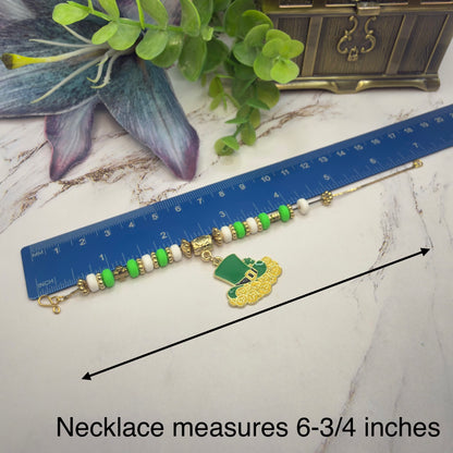 Leprechaun Hat Charm Green White Gold Beaded Doll Necklace • 18 Inch Fashion Doll Jewelry