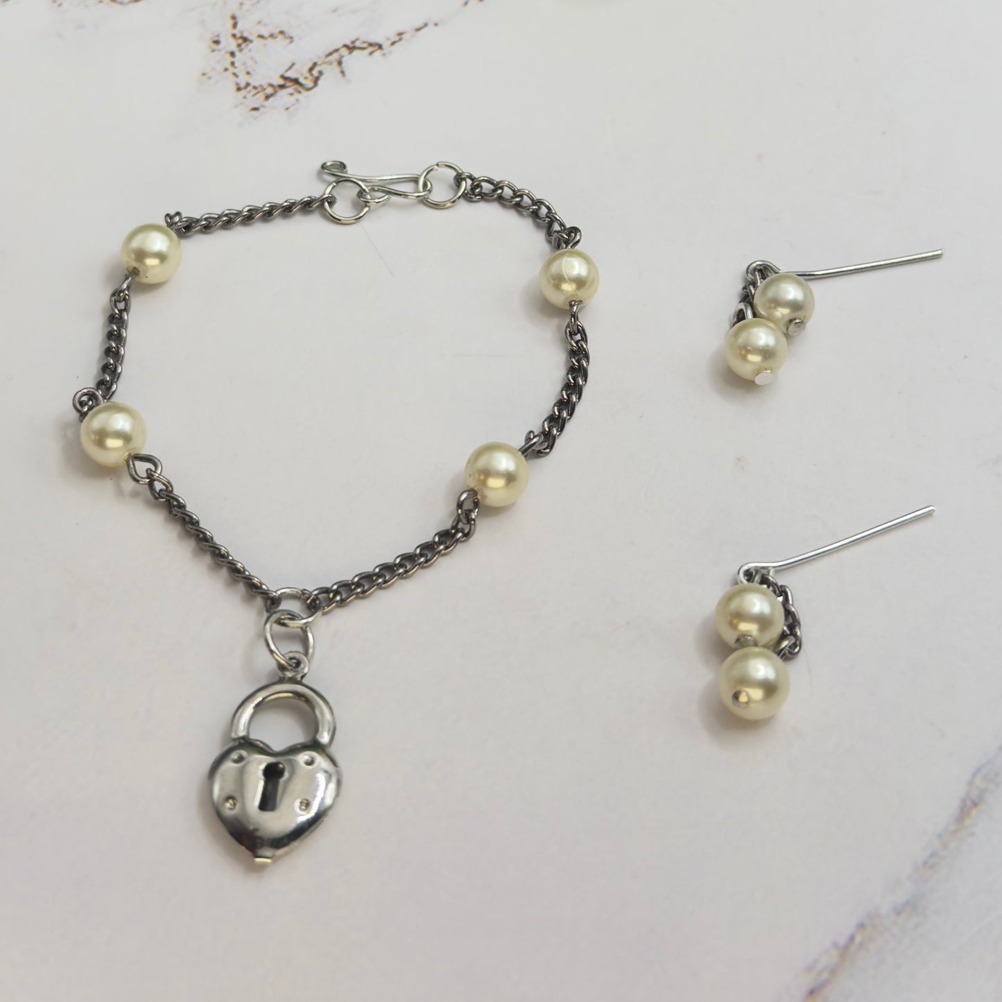 Silver Heart Lock Charm Pearl Bead Silver Chain Doll Necklace • 18 Inch Fashion Doll Jewelry