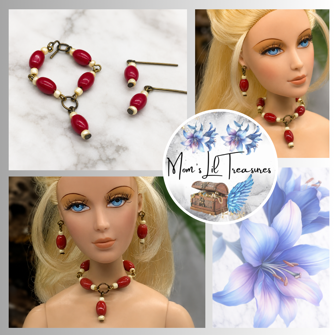 Red White Beaded Doll Necklace Earring Set • 16 Inch Fashion Doll Jewelry