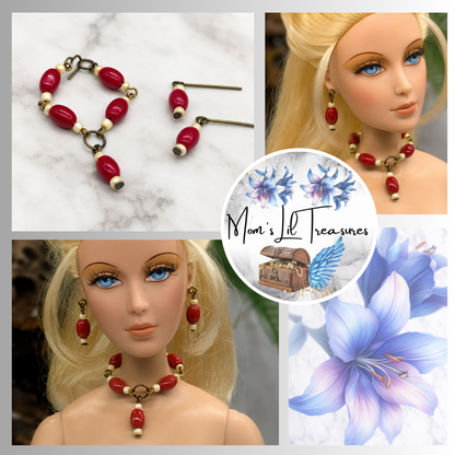 Red White Beaded Doll Necklace Earring Set • 16 Inch Fashion Doll Jewelry