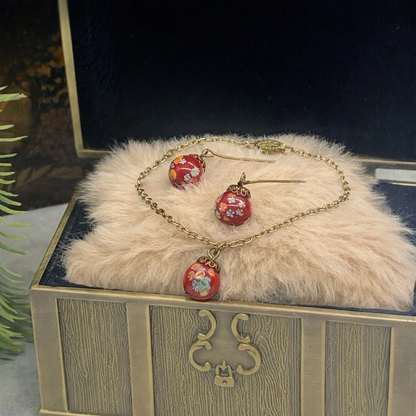 Red Glass Drop Floral Design Pendant Doll Necklace Earring Set 18” Doll Jewelry